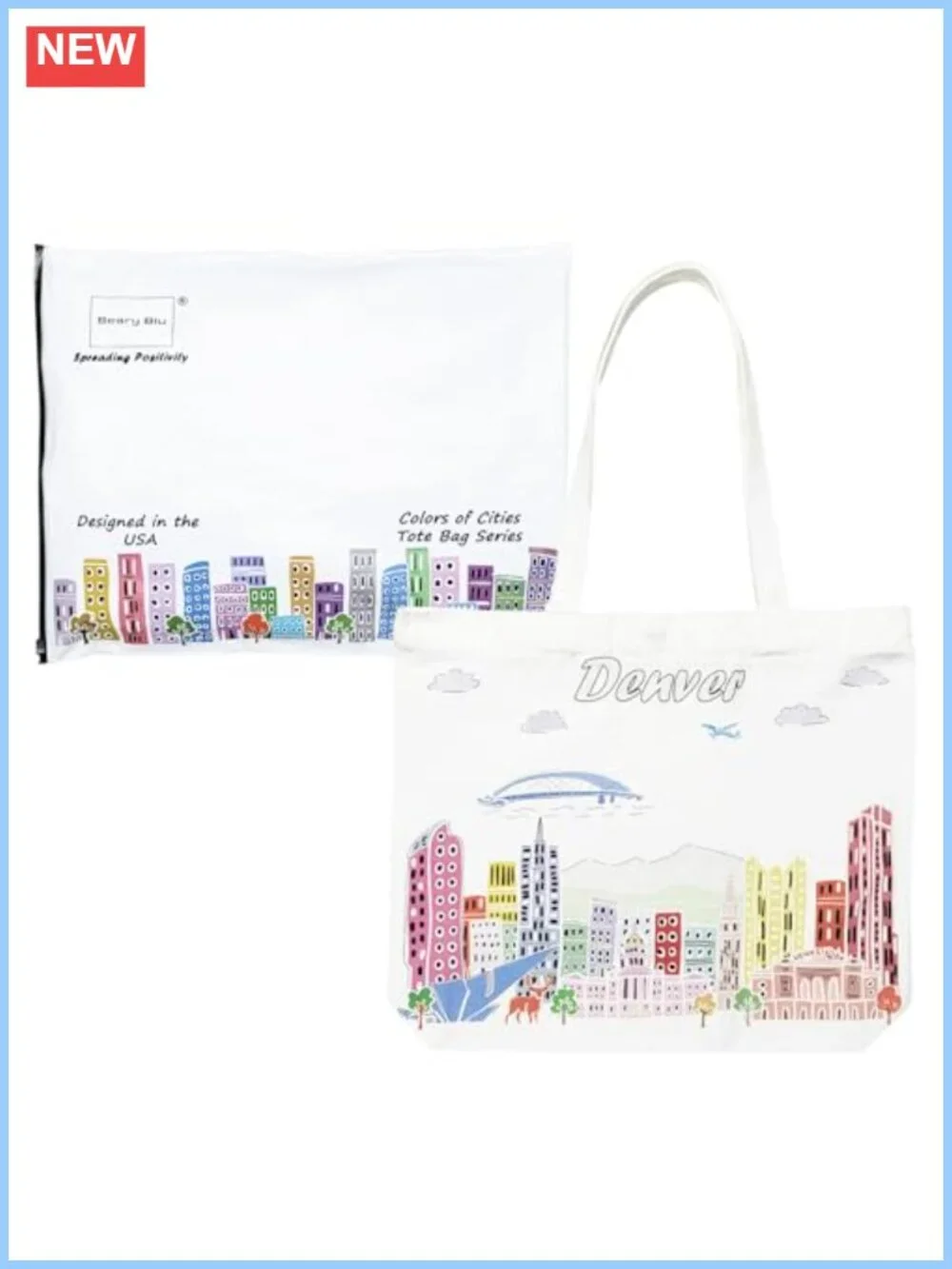 Cotton Canvas Tote Bag with Magnetic Zipper Closure, Reusable City Artwork,